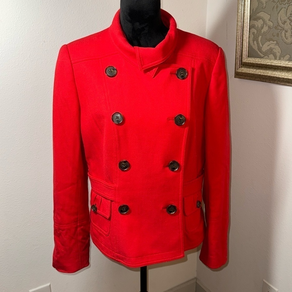Per se Red wool double‎ breasted mock high collar blazer jacket Sz 12